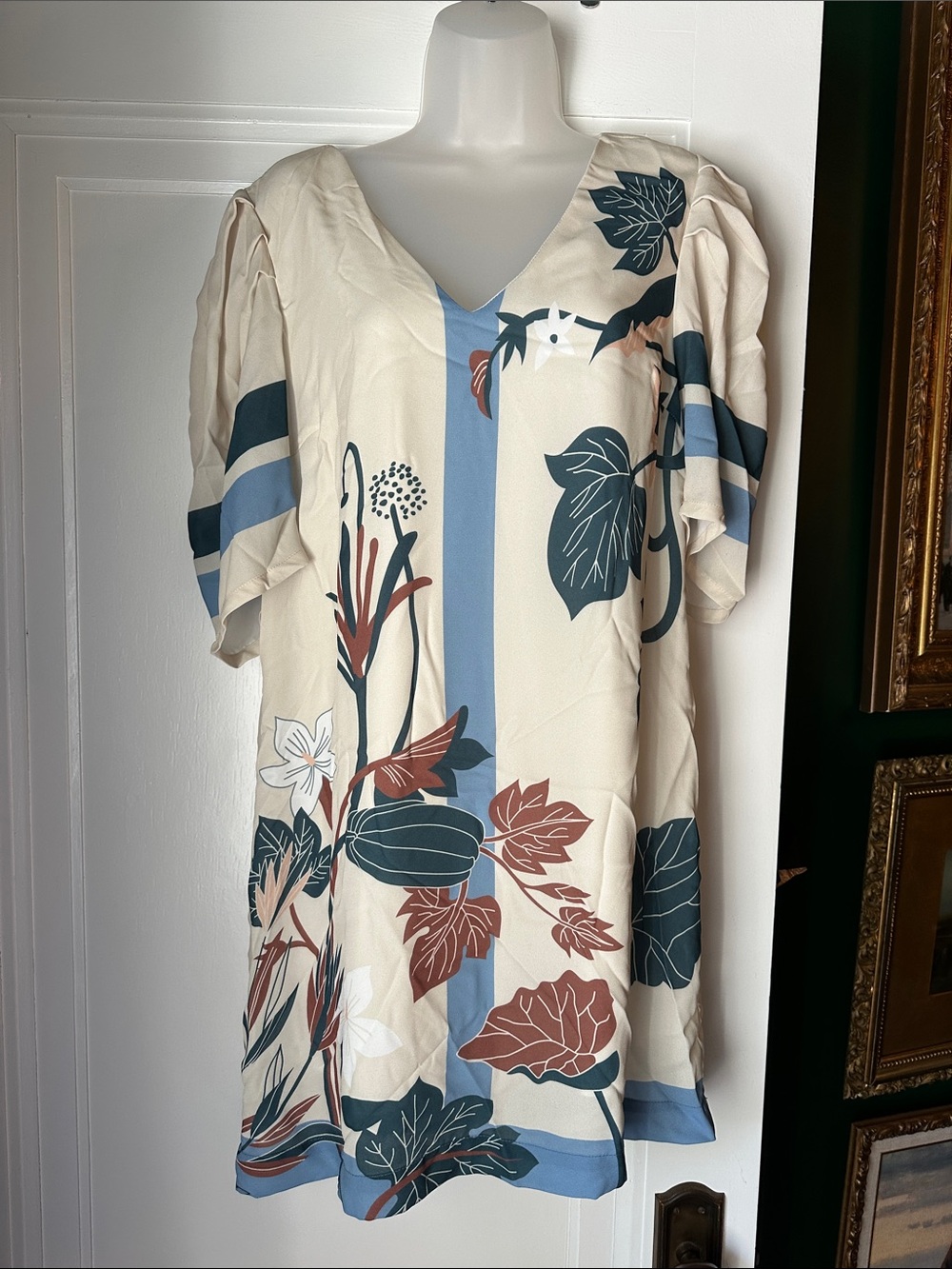 Cream Floral Blouse with Blue & Rust Flower Print